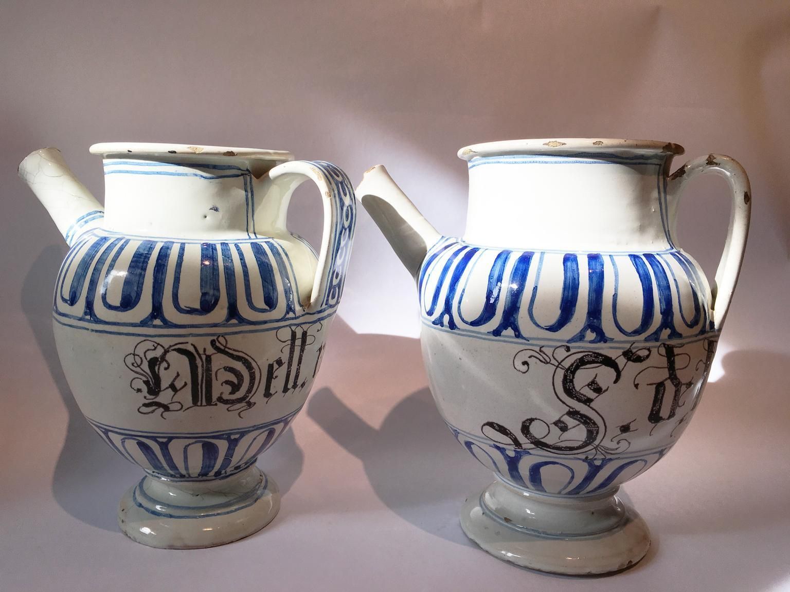 Italy Mid 18th Century Pair Of Ceramic Carafes In White And Blue For Pharmacy photo 1361.0
