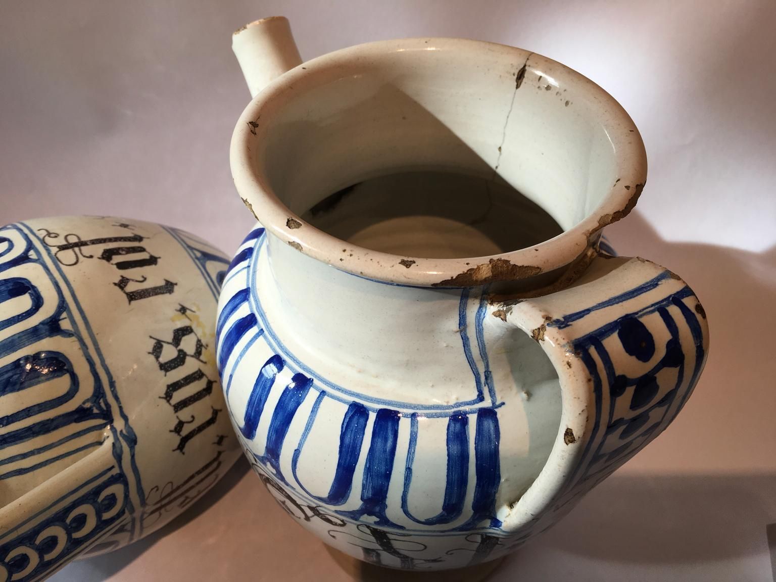 Italy Mid 18th Century Pair Of Ceramic Carafes In White And Blue For Pharmacy photo buy