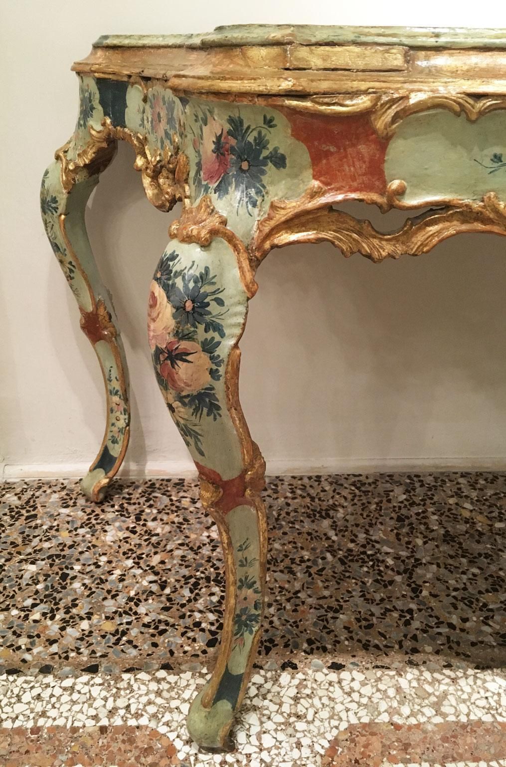 1750 Venezia Wooden Light Blue And Green Lacquered Engraved Console With Flowers photo 110584.0