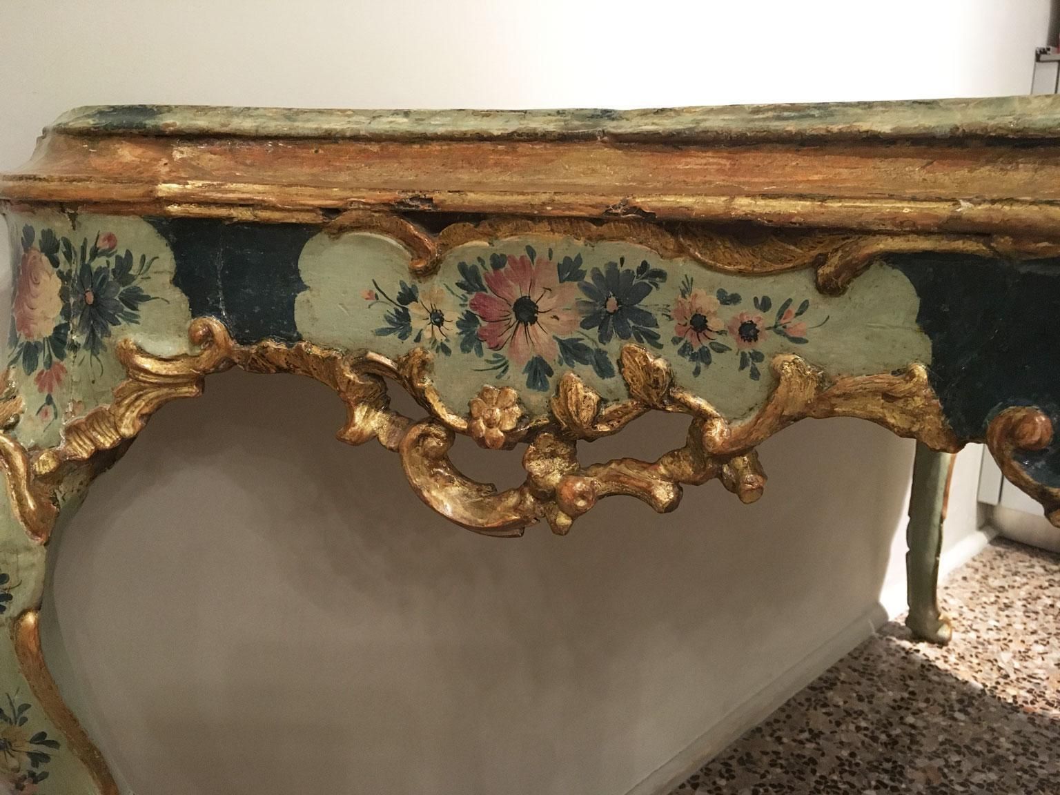 1750 Venezia Wooden Light Blue And Green Lacquered Engraved Console With Flowers photo buy