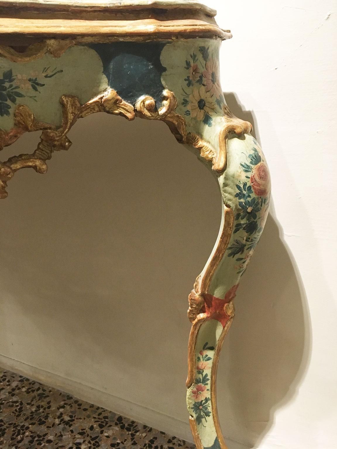 Furniture 1750 Venezia Wooden Light Blue And Green Lacquered Engraved Console With Flowers photo
