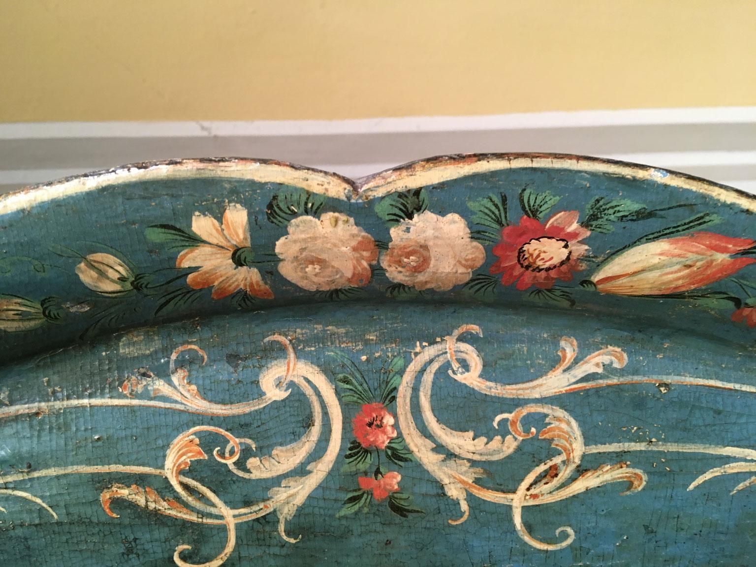 1750 Venezia Italy Blue Lacquered  Wooden Tray With Rural Scenes And Flowers photo for sale