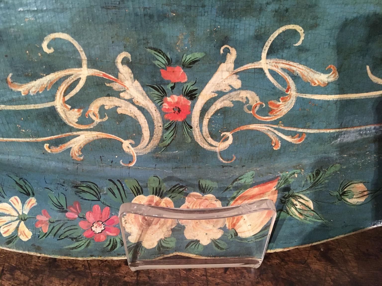 1750 Venezia Italy Blue Lacquered  Wooden Tray With Rural Scenes And Flowers photo buy