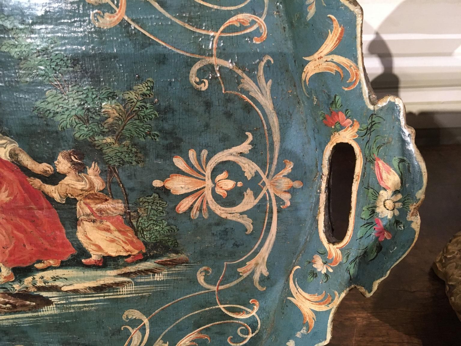 photo buy 1750 Venezia Italy Blue Lacquered  Wooden Tray With Rural Scenes And Flowers