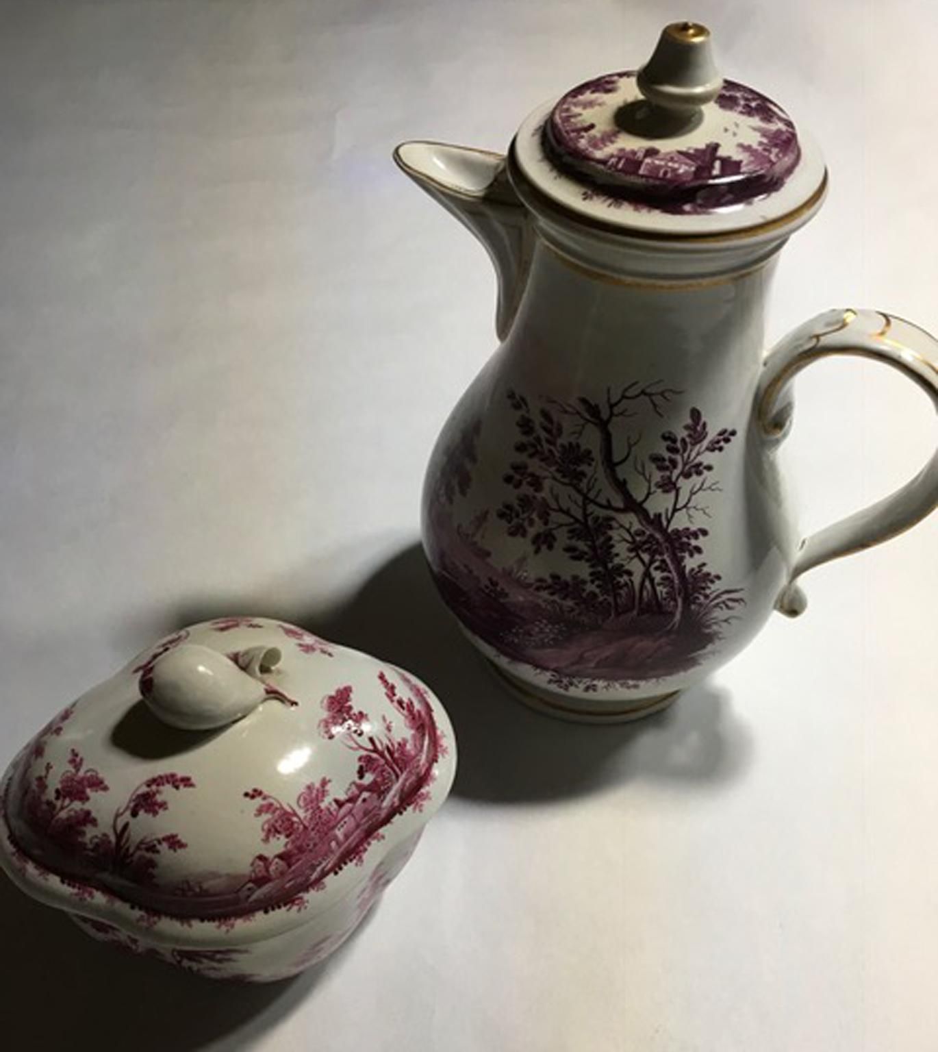 Italy Richard Ginori Mid 18th Century Porcelain Coffee Pot Landscapes In Purple photo buy