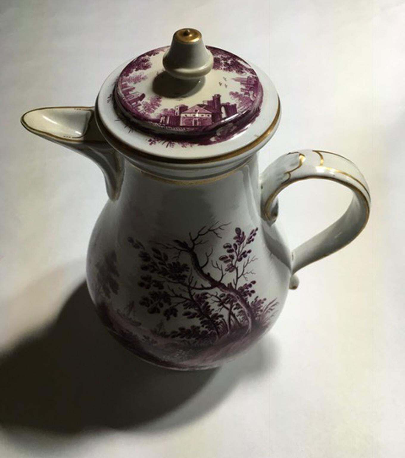 Italy Richard Ginori Mid 18th Century Porcelain Coffee Pot Landscapes In Purple photo vintage