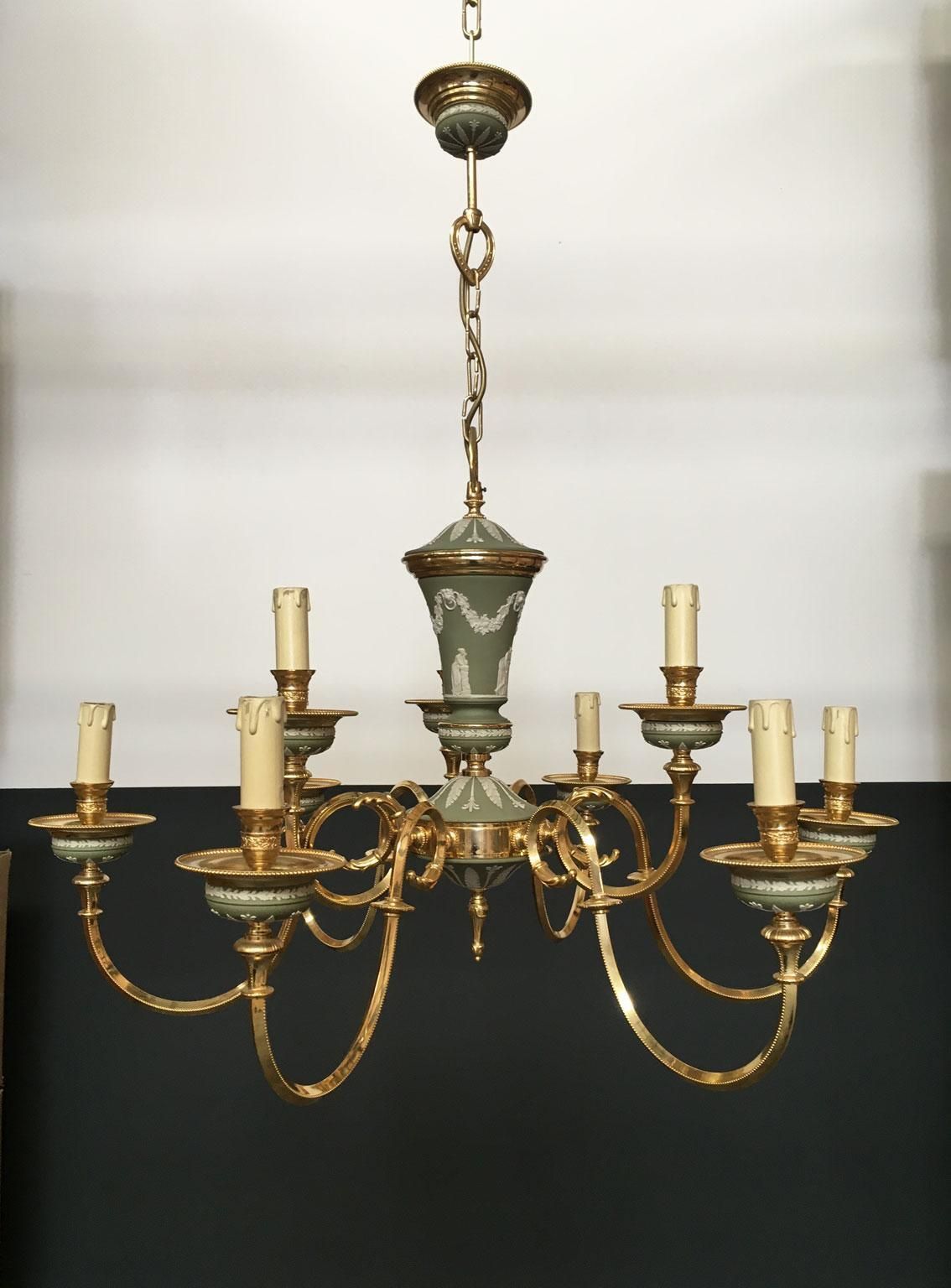 1970 Italy Hollywood Regency Style Green Porcelain And Brass Chandelier 9 Lights photo furniture