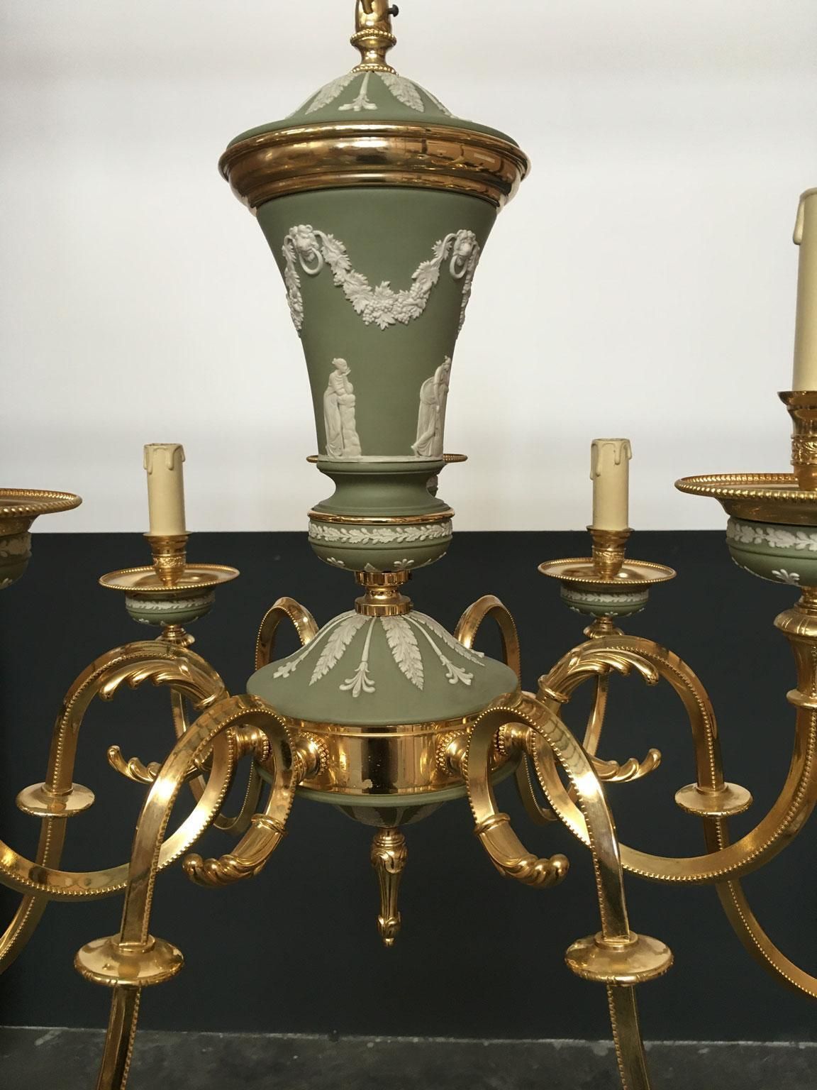 1970 Italy Hollywood Regency Style Green Porcelain And Brass Chandelier 9 Lights photo vinterior