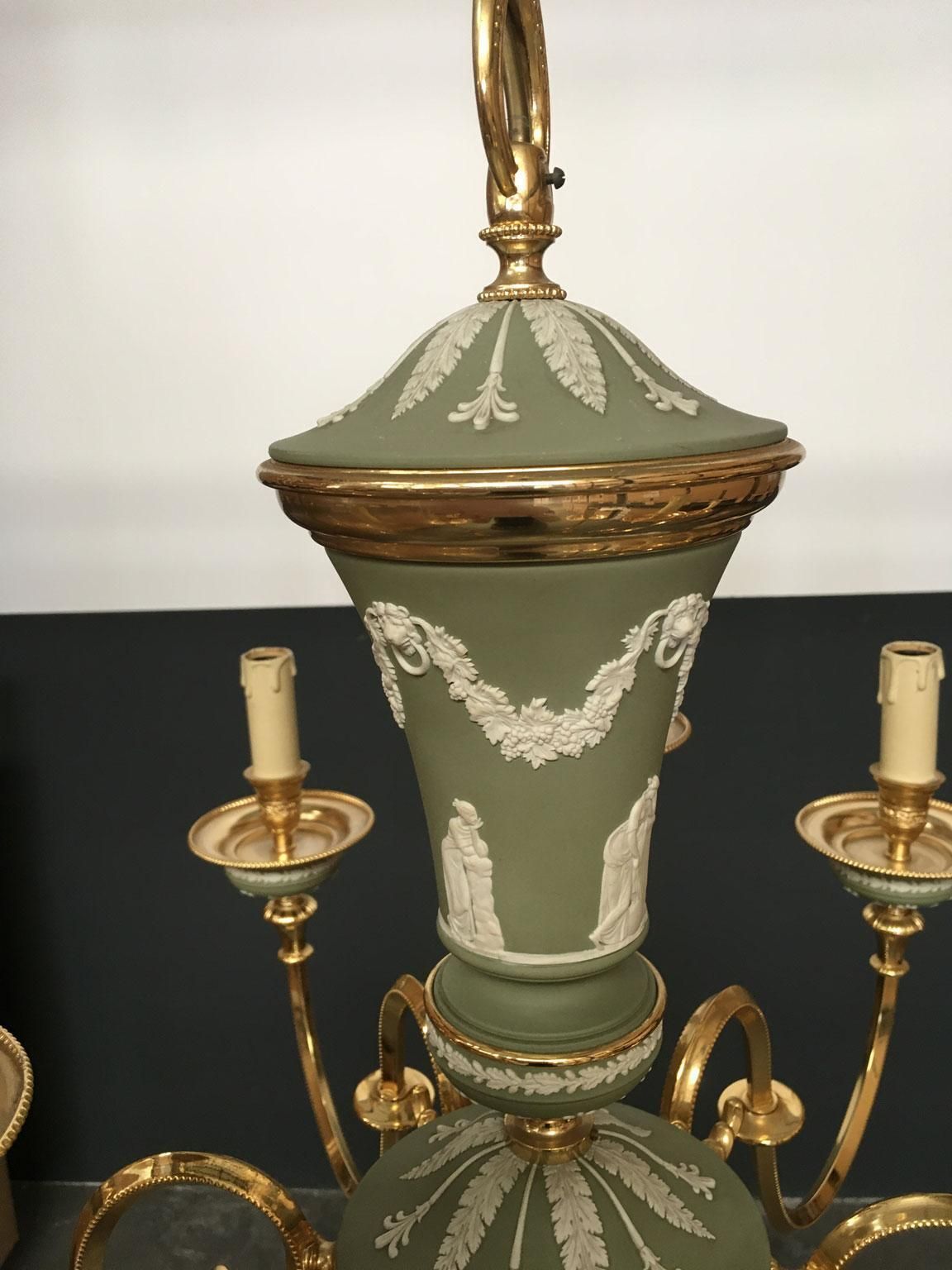 1970 Italy Hollywood Regency Style Green Porcelain And Brass Chandelier 9 Lights photo vintage