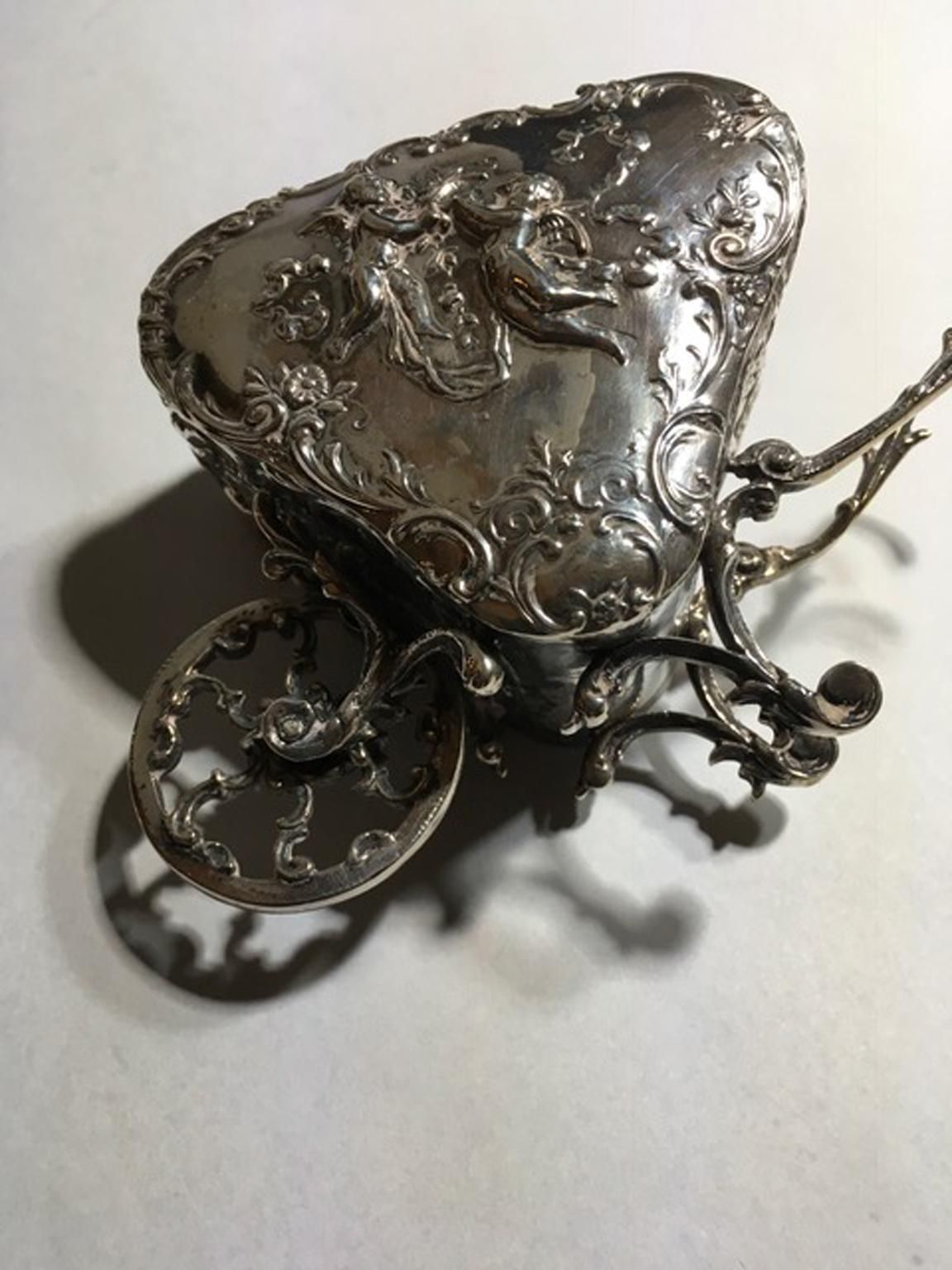 Italy Late 19th Century Sterling Silver Box Baroque Little Love Cart photo for sale