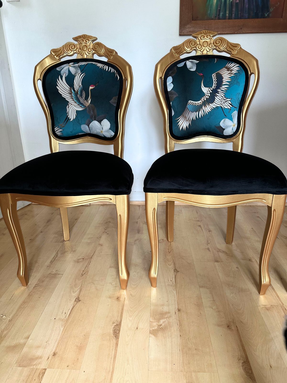 Luxury Gold Leaf Paint French Louis XV Style Chairs – Black Velvet & Crane Detail (Set Of 2) photo furniture