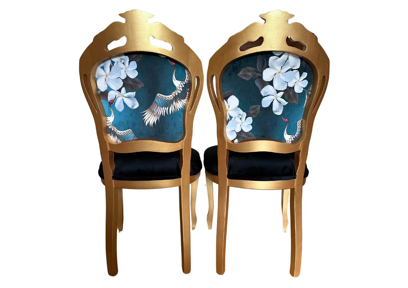 Luxury Gold Leaf Paint French Louis XV Style Chairs – Black Velvet & Crane Detail (Set Of 2) photo Furniture