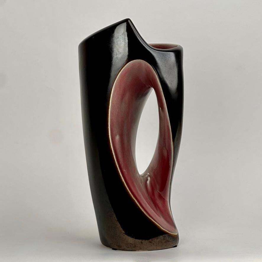 Mid Century Modern Italian Dark Brown & Mauve Glazed Ceramic Sculptural Vase photo furniture