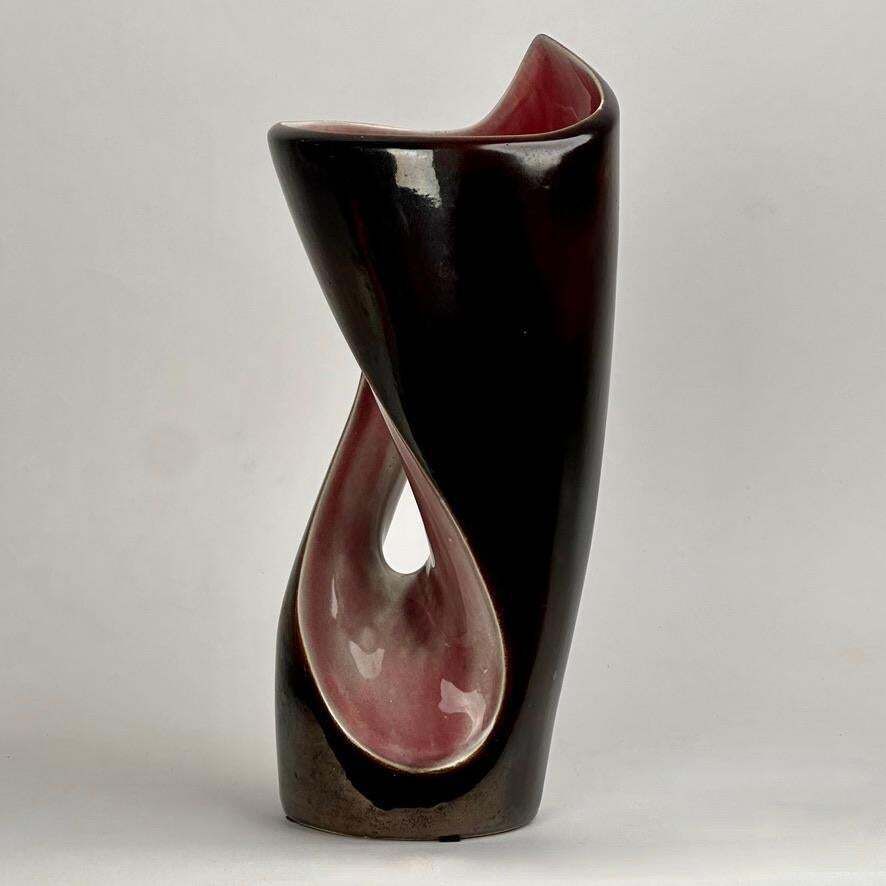 Mid Century Modern Italian Dark Brown & Mauve Glazed Ceramic Sculptural Vase photo buy