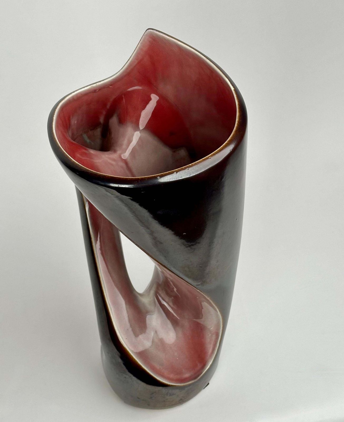 photo for sale Mid Century Modern Italian Dark Brown & Mauve Glazed Ceramic Sculptural Vase