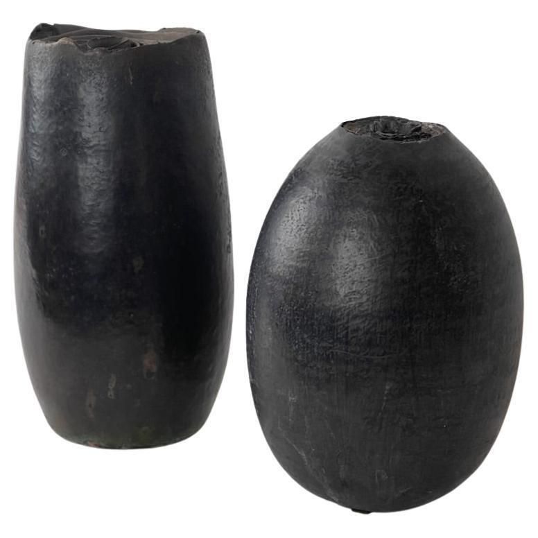 Late 20th Century Pair Of Italian Sculptural Black Stoneware Vases By L. Leandri