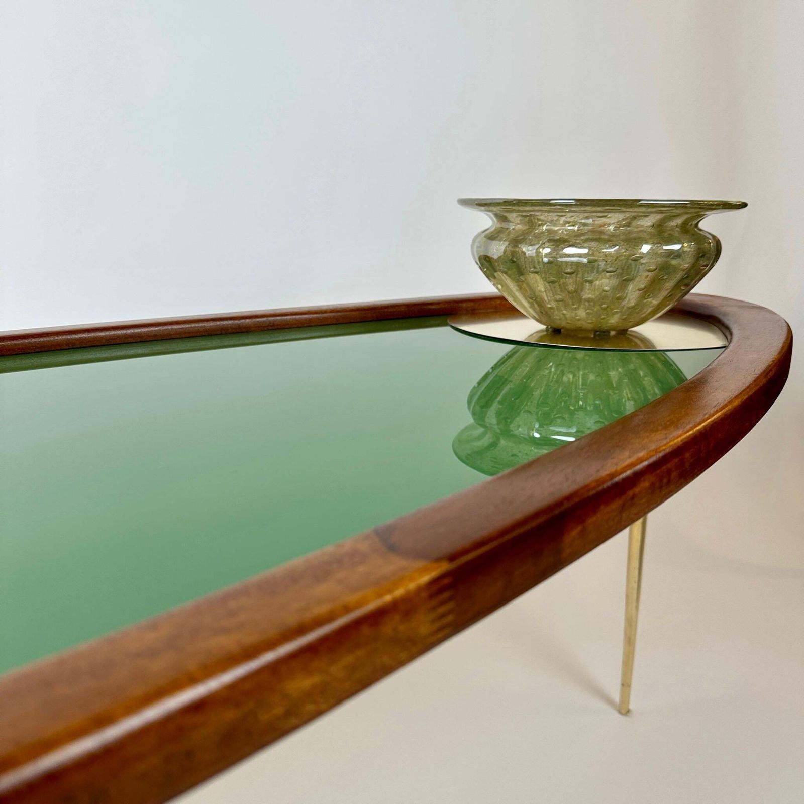 Late 20th Century Wood, Brass & Green Opaline Glass Amorphous Shape Coffee Table photo buy