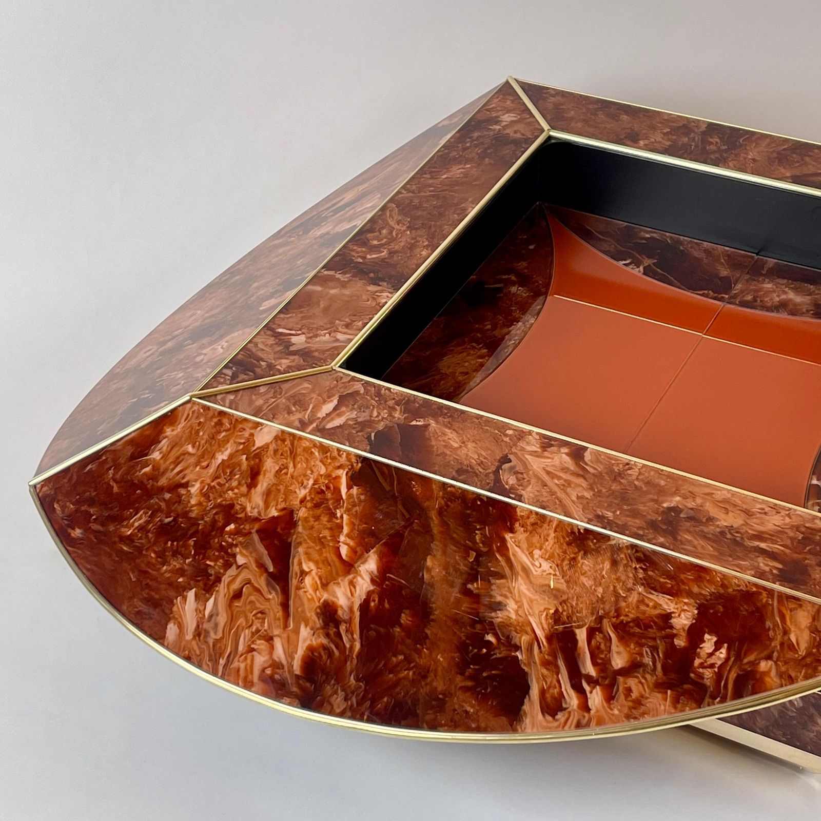 photo for sale Late 20th Century Brown & Orange Murano Glass W/ Brass Finishings Cocktail Table