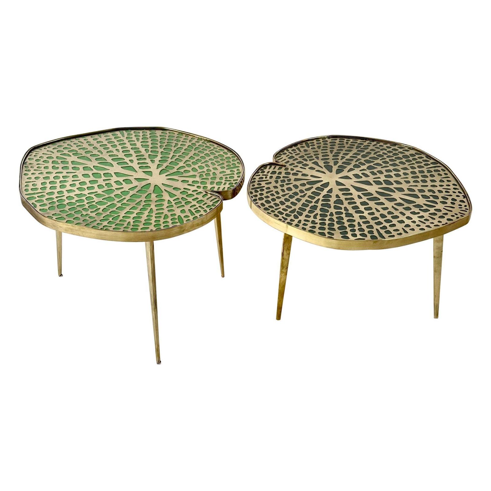 Late 20th Century Pair Of Brass & Transparent Glass Water Lilies Side Tables