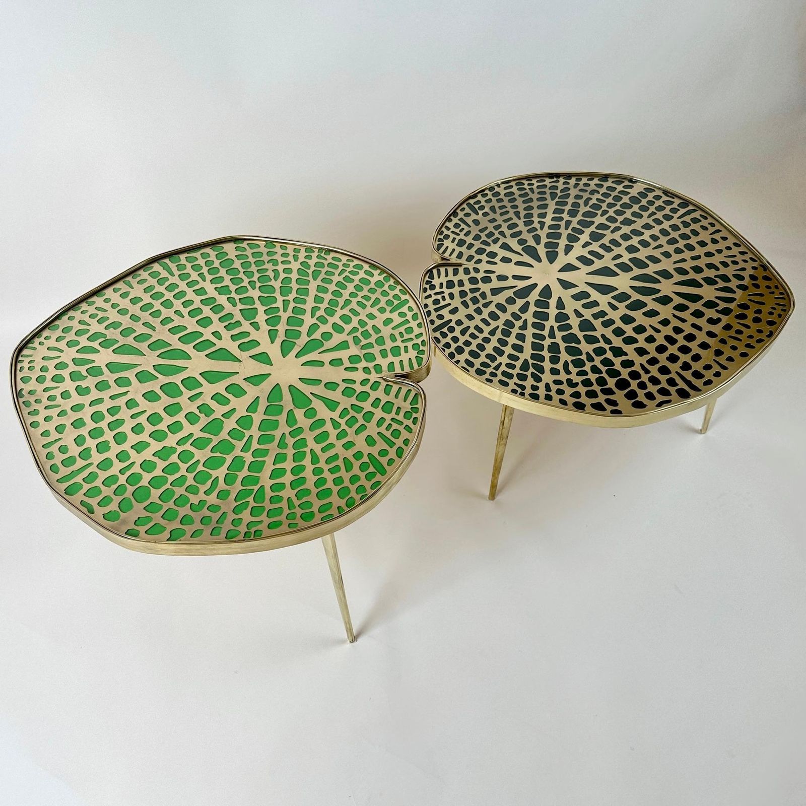 Late 20th Century Pair Of Brass & Transparent Glass Water Lilies Side Tables photo for sale