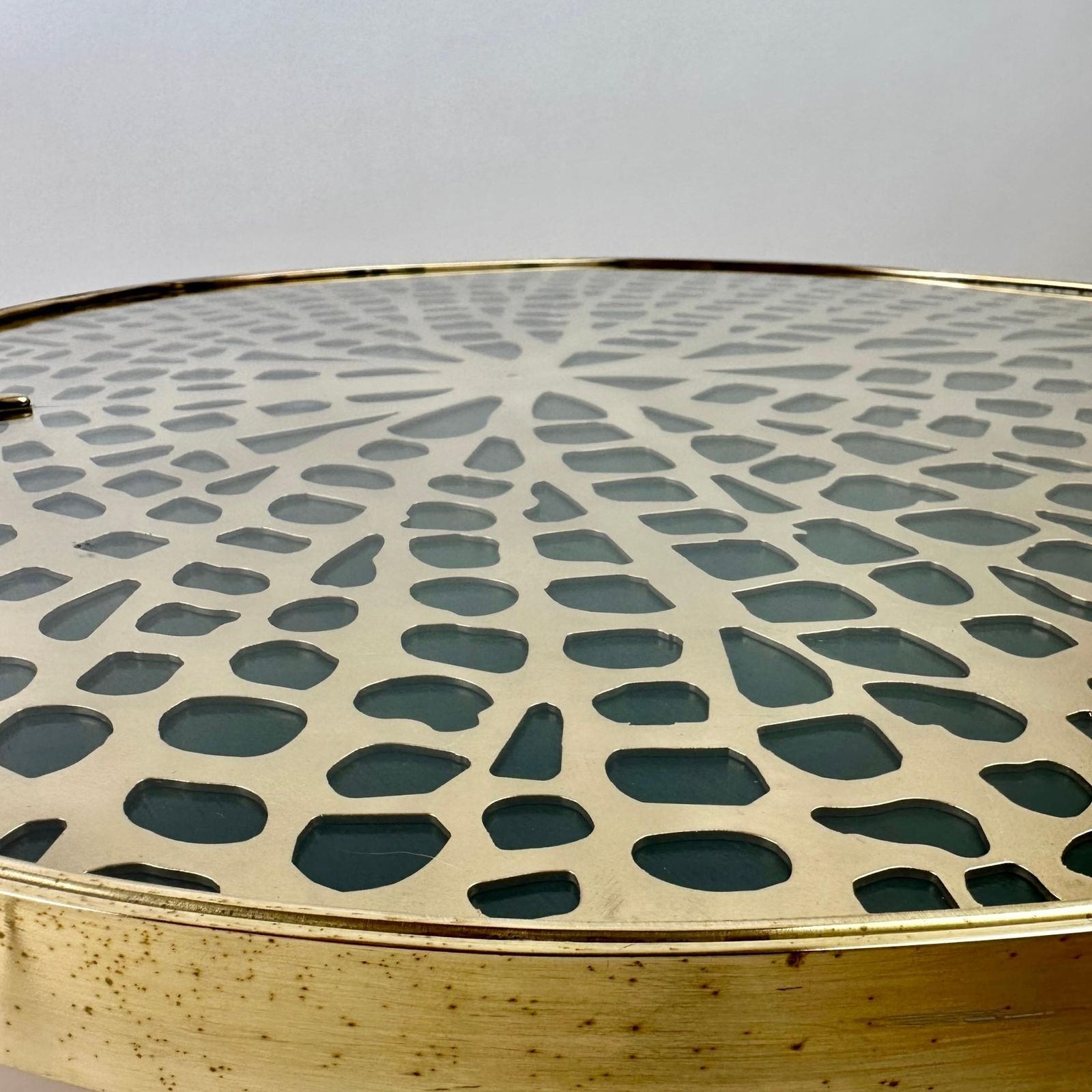 photo for sale Late 20th Century Pair Of Brass & Transparent Glass Water Lilies Side Tables