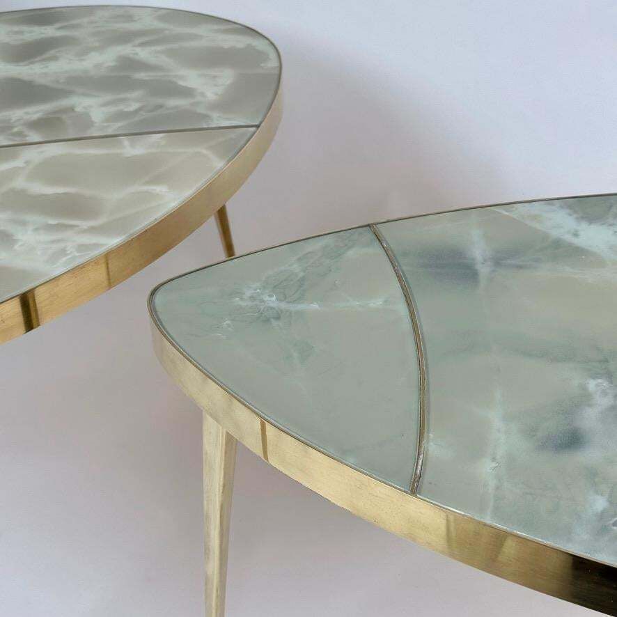 Mid Century Modern Brass & Green Murano Art Glass Set Of Three Coffee Tables photo furniture