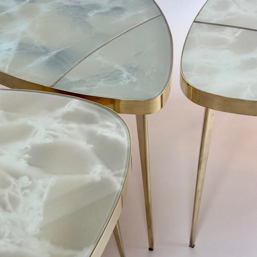 Mid Century Modern Brass & Green Murano Art Glass Set Of Three Coffee Tables photo for sale
