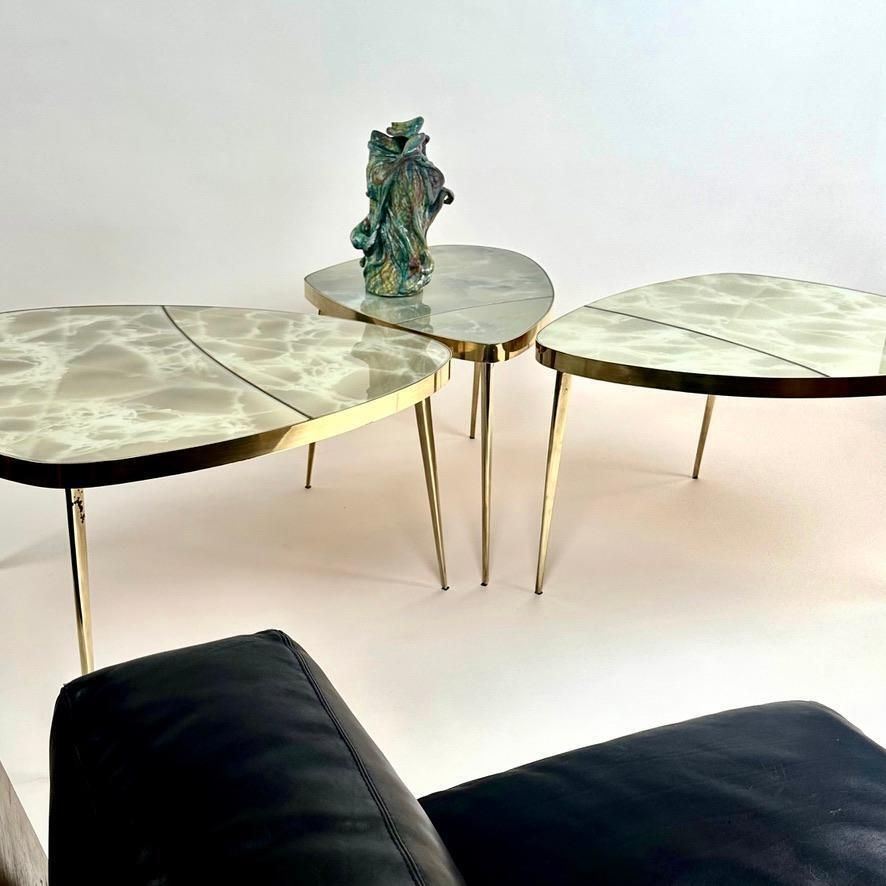 Mid Century Modern Brass & Green Murano Art Glass Set Of Three Coffee Tables photo vinterior
