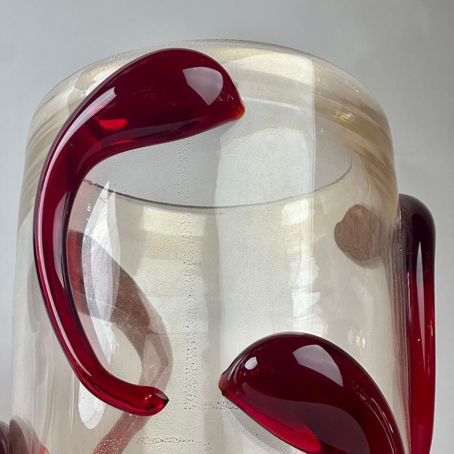 Late 20th Century Pair Of Transparent Murano Art Glass W/ Red Applications Vases photo 3914.0