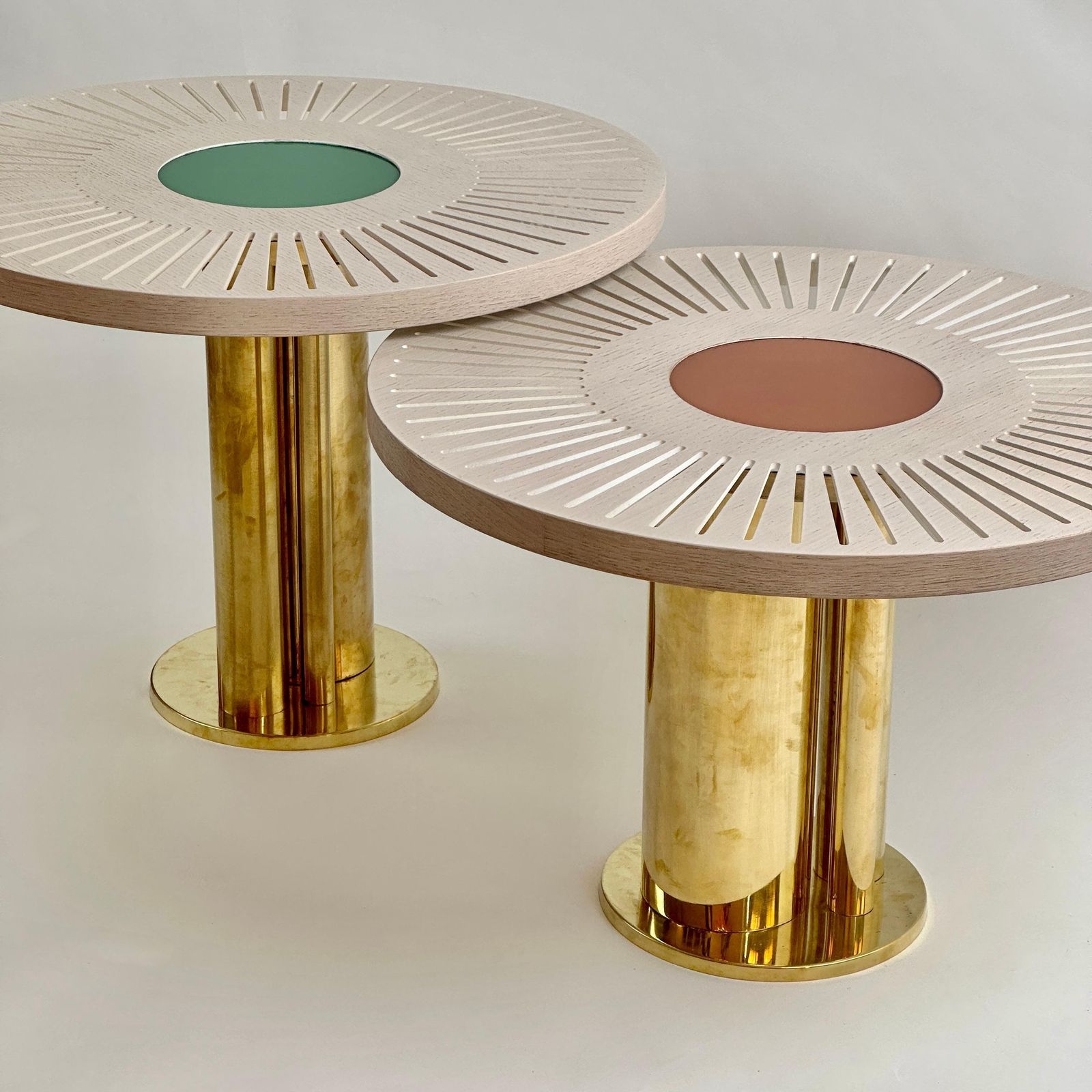 Late 20th Century Pair Of Round Ash Wood W/ Opaline Glass & Brass Coffee Tables photo furniture