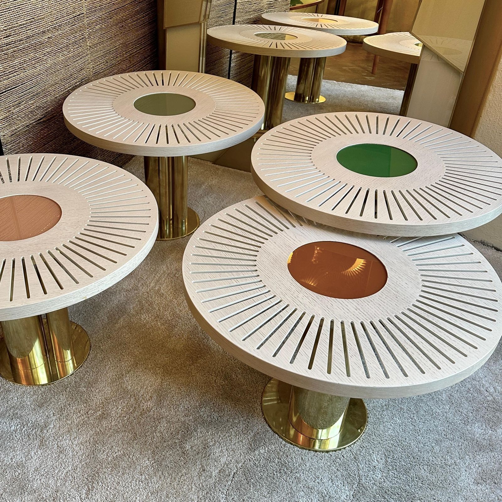 Furniture Late 20th Century Pair Of Round Ash Wood W/ Opaline Glass & Brass Coffee Tables photo