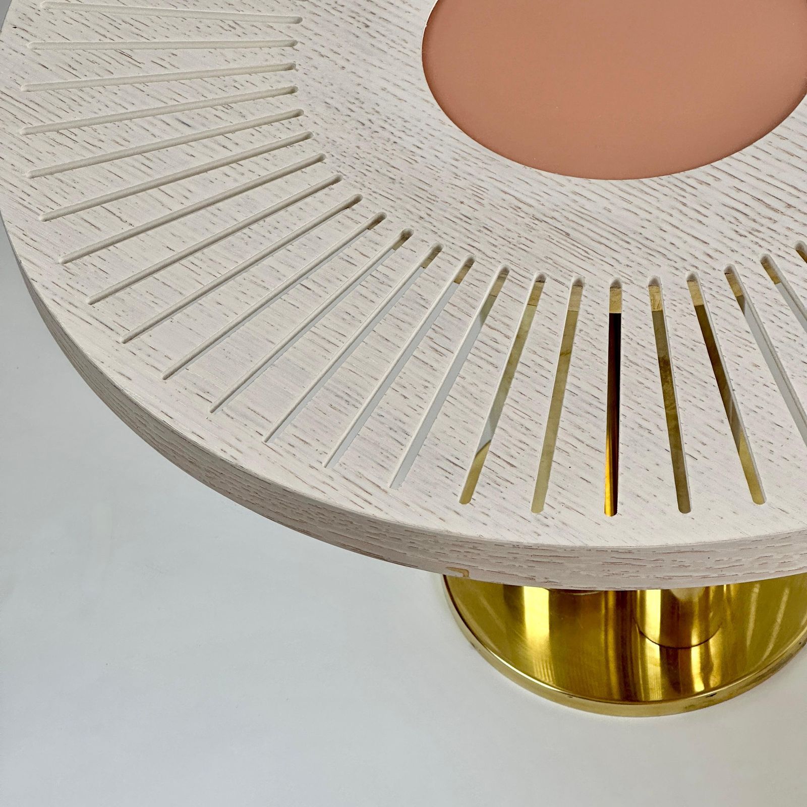 photo furniture Late 20th Century Pair Of Round Ash Wood W/ Opaline Glass & Brass Side Tables