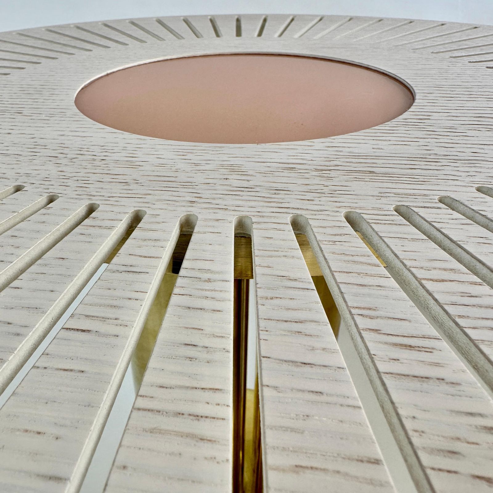 photo vinterior Late 20th Century Pair Of Round Ash Wood W/ Opaline Glass & Brass Side Tables