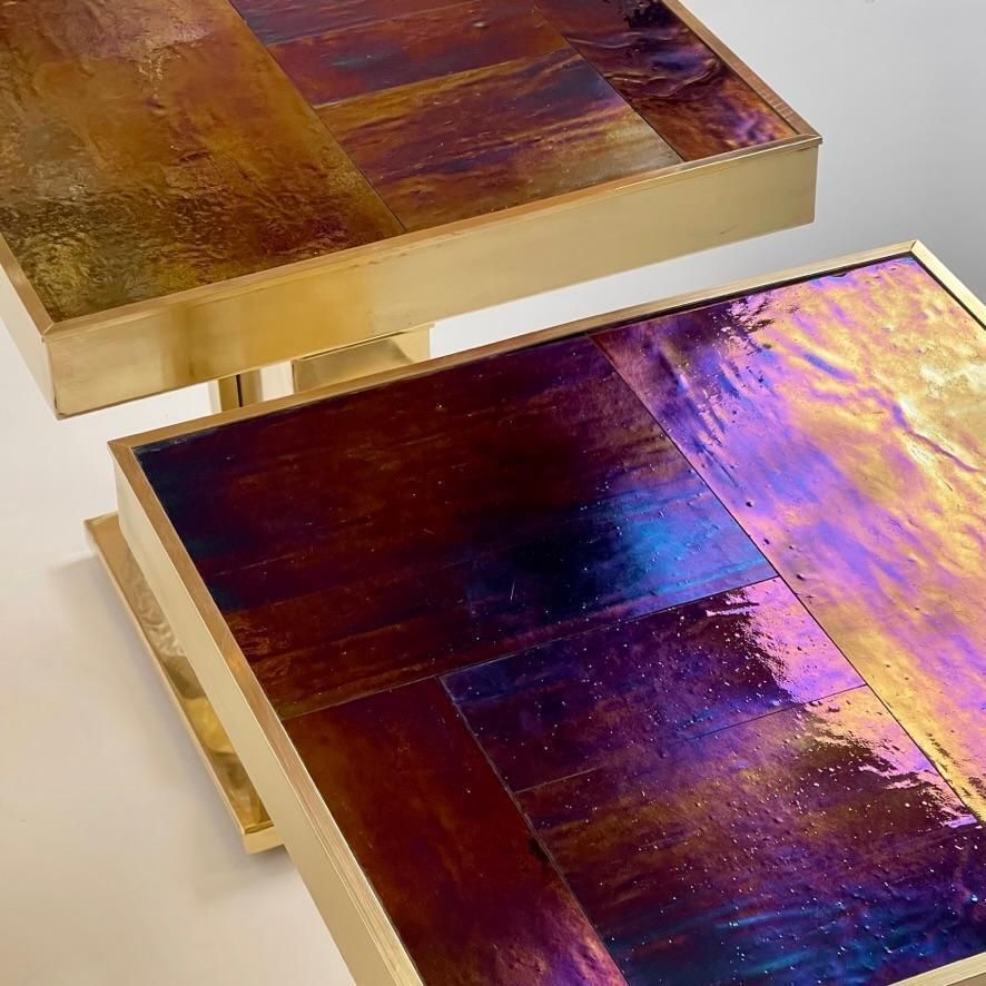Late 20th Century Pair Of Squared Blue Murano Art Glass & Brass Side Tables photo for sale