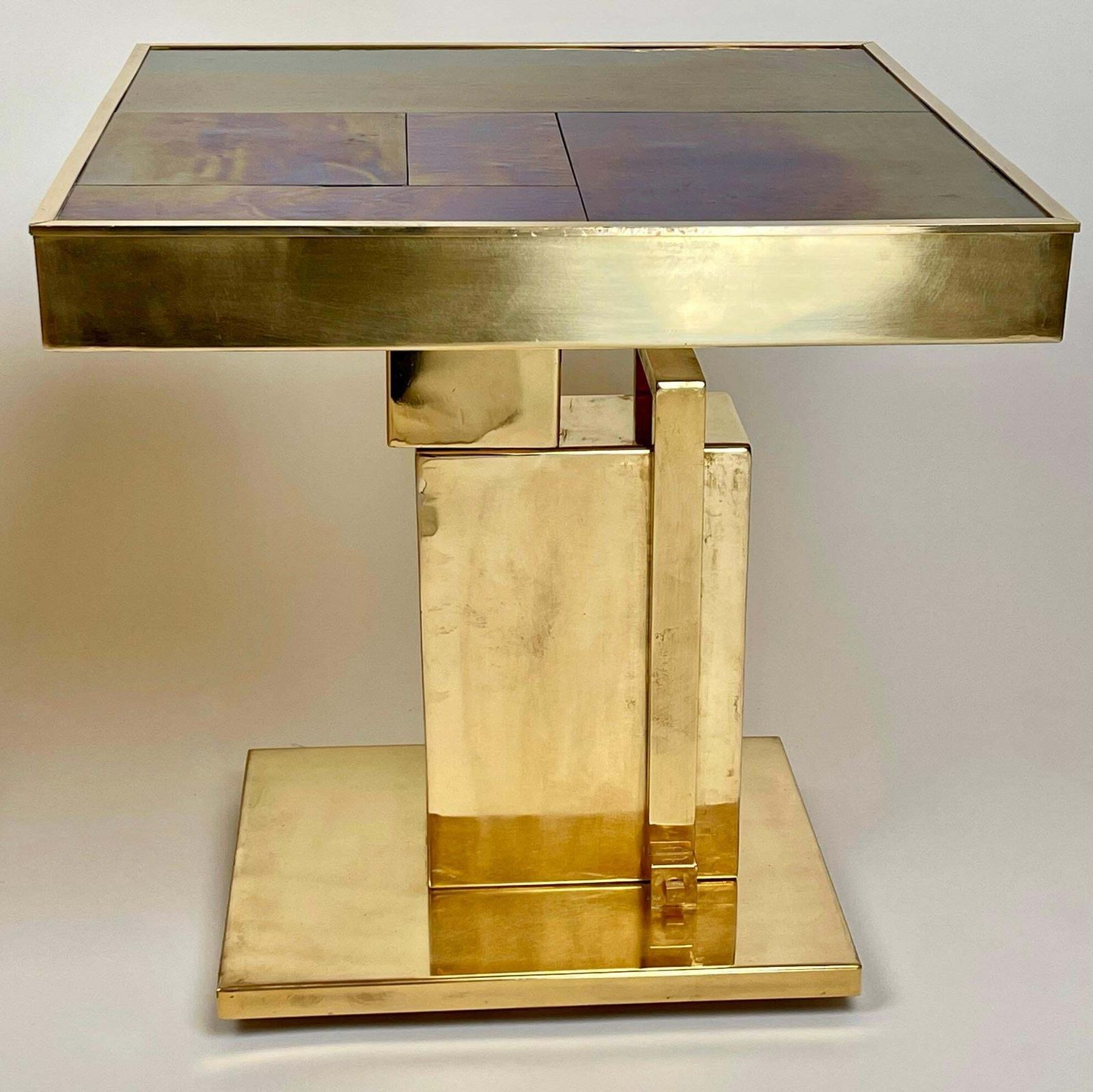 Late 20th Century Pair Of Squared Blue Murano Art Glass & Brass Side Tables photo 8081.0