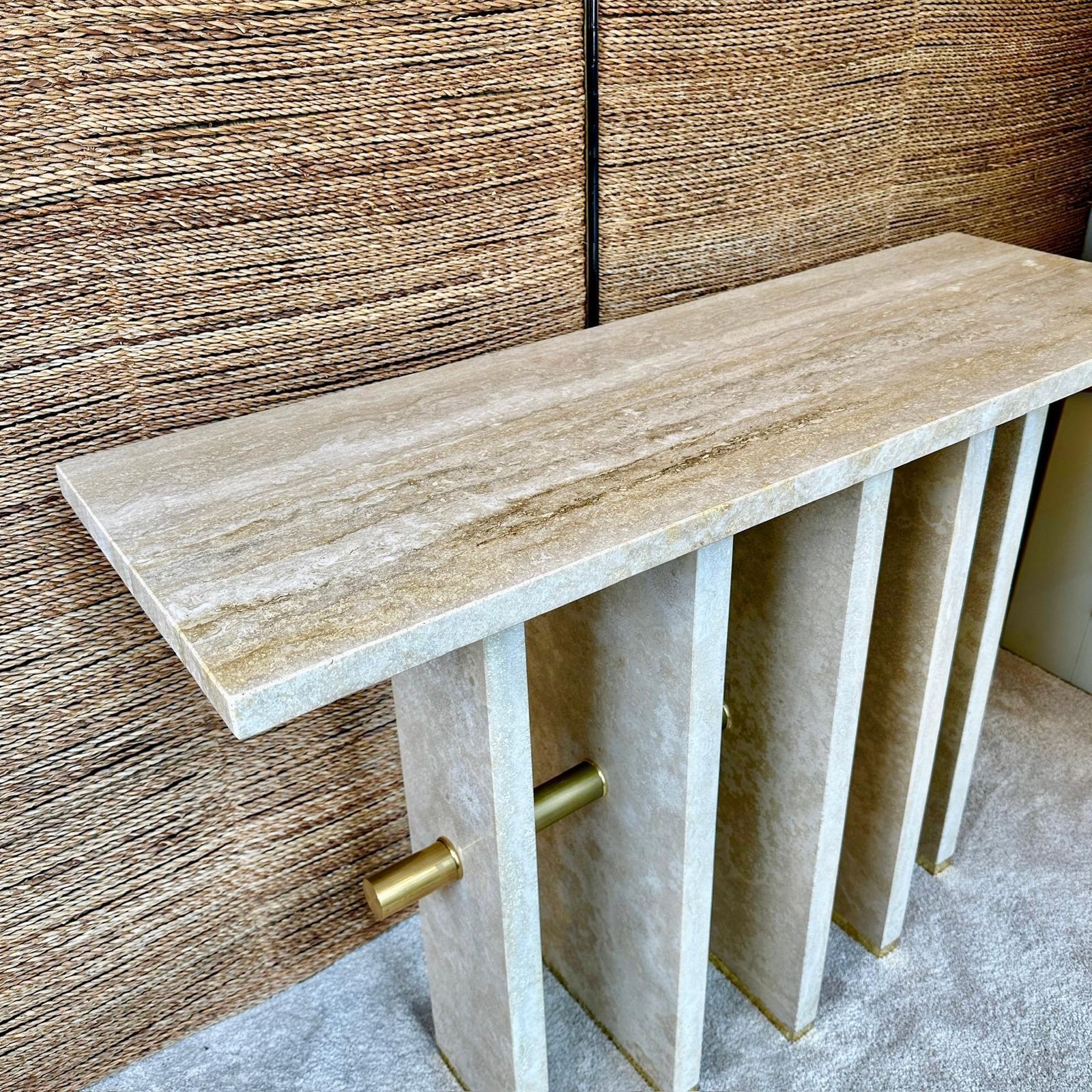Late 20th Century Italian Travertine With Brass Details Console Table photo for sale