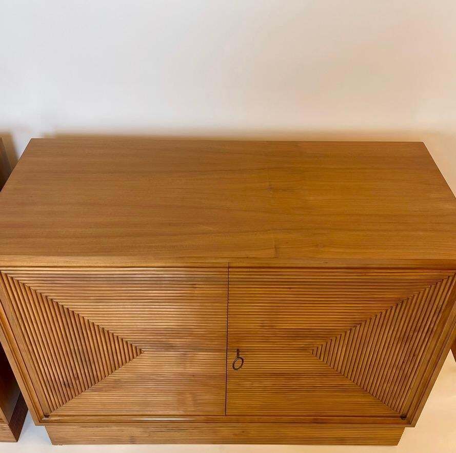 photo for sale Mid Century Modern Pair Of Italian Cherry Veneer Cabinets W/ Breadsticks Doors