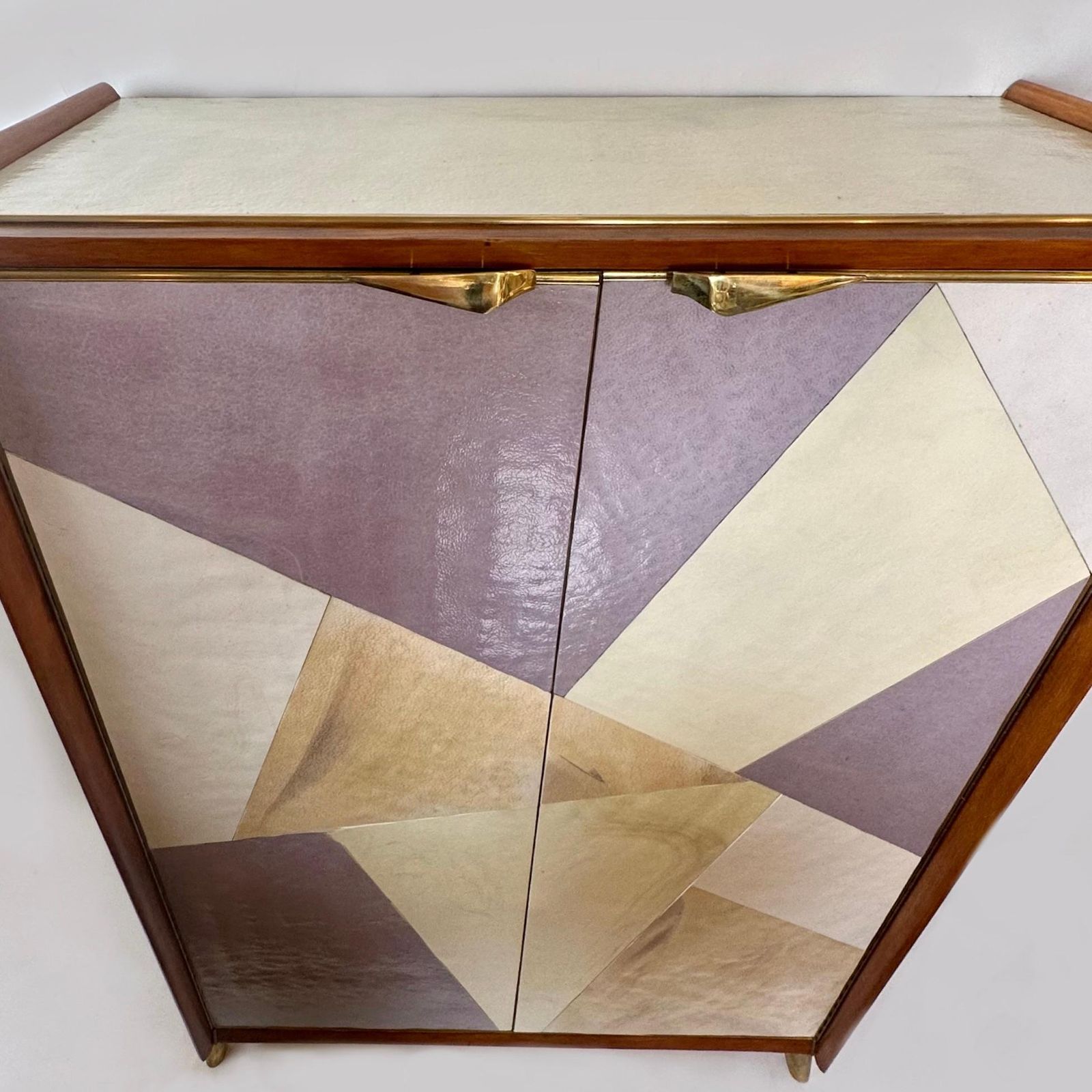 Mid Century Modern Beech Wood, Brass, Mirror & Murano Art Glass Dry Bar Cabinet photo furniture
