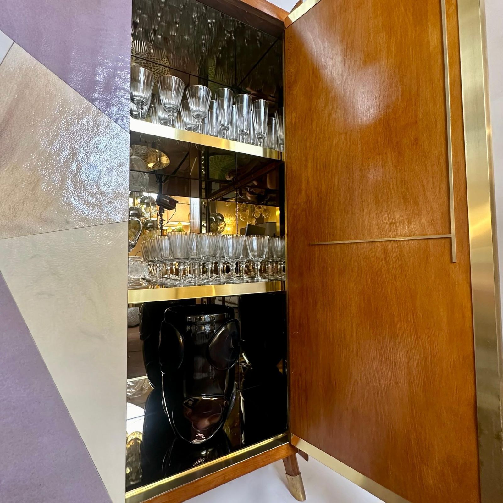 Mid Century Modern Beech Wood, Brass, Mirror & Murano Art Glass Dry Bar Cabinet photo 13610.0
