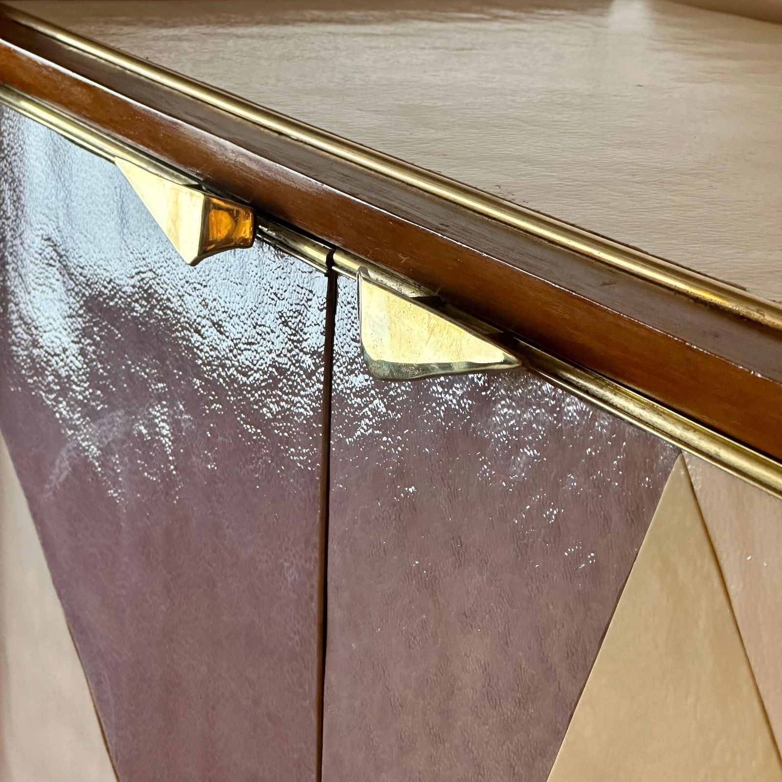 photo for sale Mid Century Modern Beech Wood, Brass, Mirror & Murano Art Glass Dry Bar Cabinet