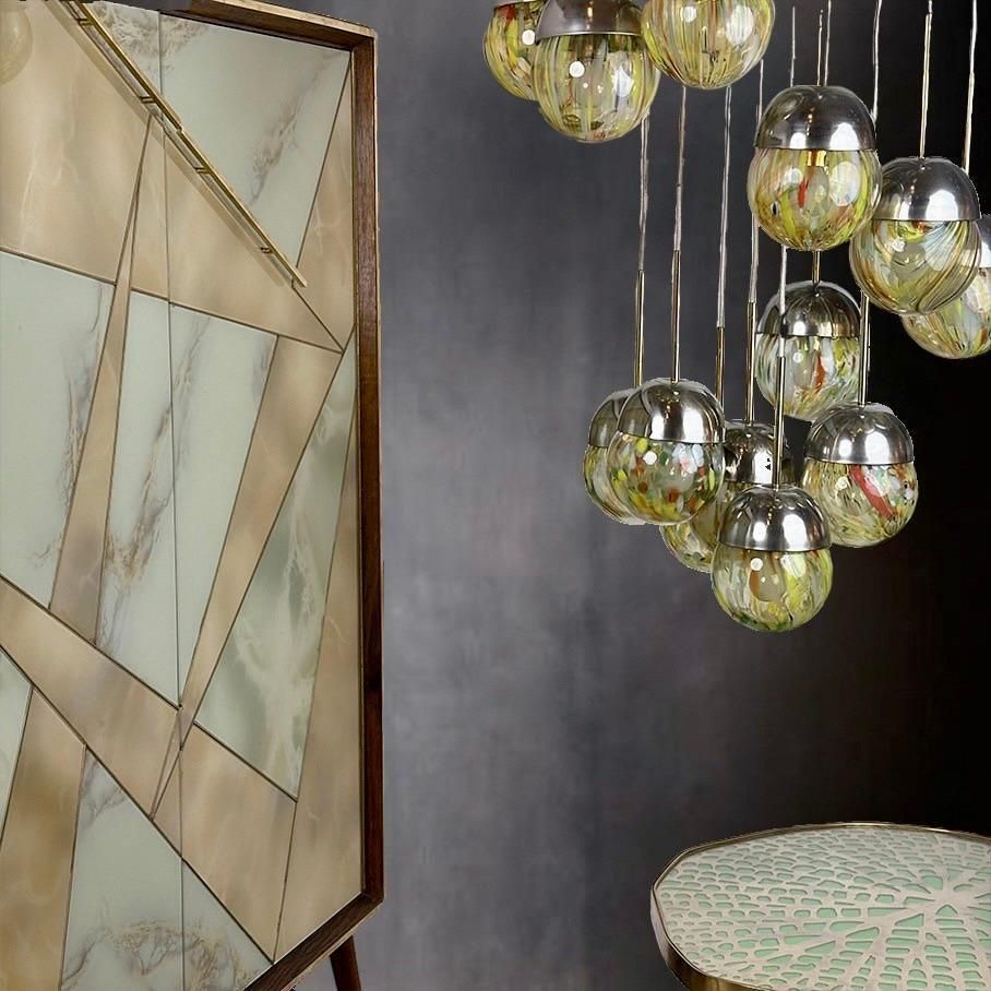 photo vinterior Mid Century Modern Oak Wood, Brass, Mirror & Murano Art Glass Dry Bar Cabinet