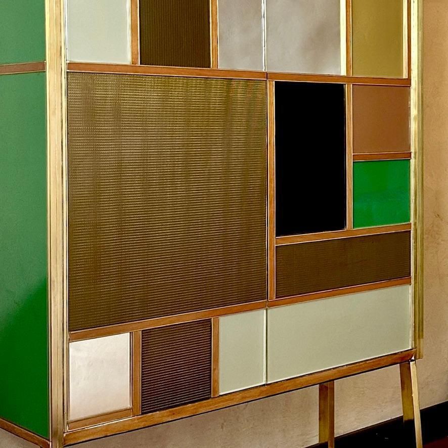 Late 20th Century Pair Of Italian Wood, Brass, Mirror & Opaline Glass Cabinets photo for sale