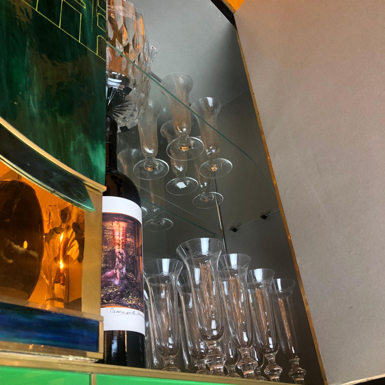 photo buy Mid Century Modern Brass, Wood & Engraved Emerald Green Murano Glass Dry Bar