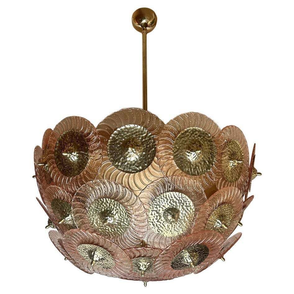 Late 20th Century Pink Murano Art Glass Disks W/ Hand Hammered Brass Chandelier