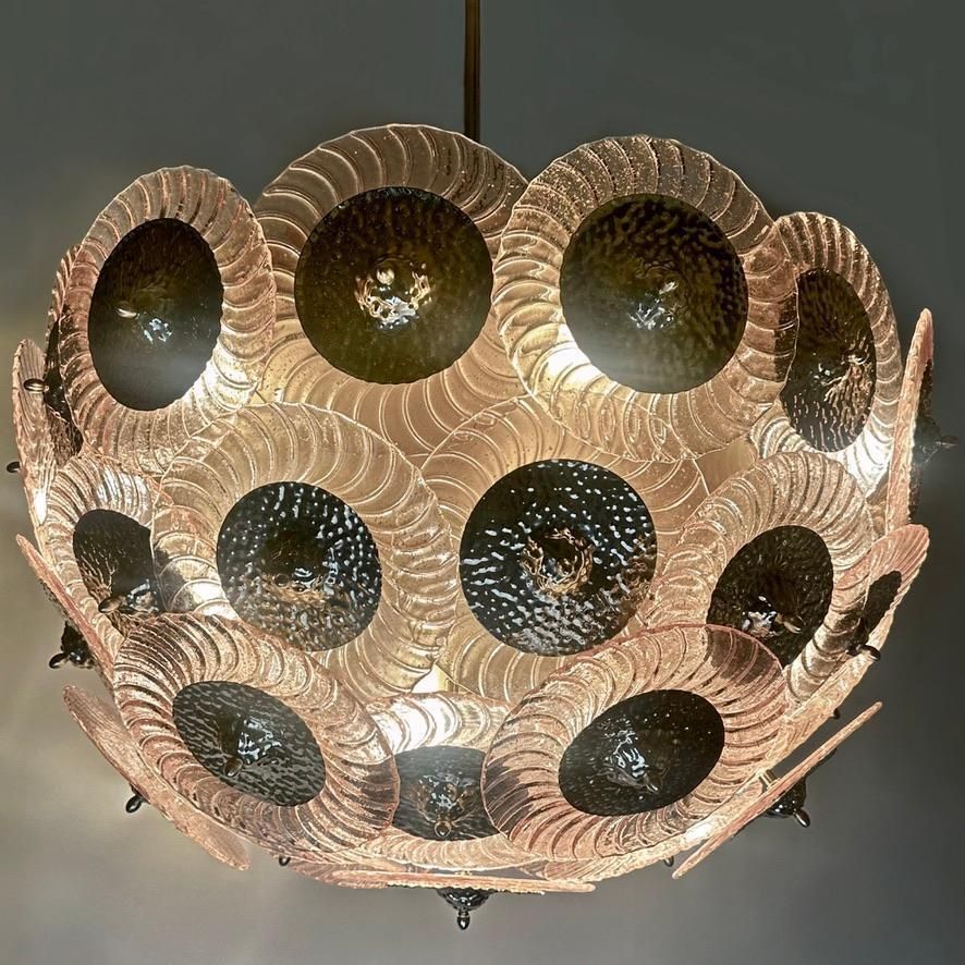 Late 20th Century Pink Murano Art Glass Disks W/ Hand Hammered Brass Chandelier photo furniture