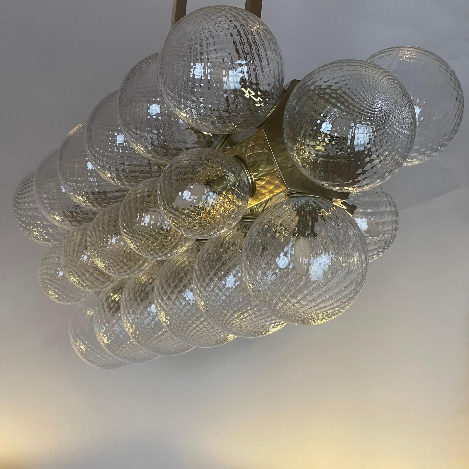 Late20th Century Italian Brass W/ Transparent Murano Art Glass Boules Chandelier photo for sale
