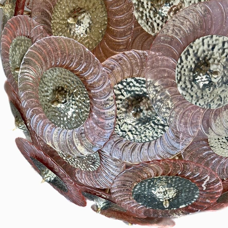 Late 20th Century Pink Murano Art Glass Disks W/ Hand Hammered Brass Chandelier photo Lighting