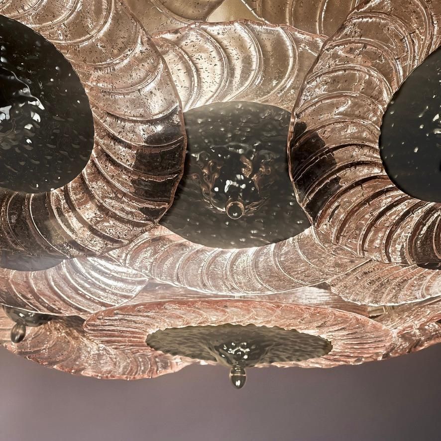 Late 20th Century Pink Murano Art Glass Disks W/ Hand Hammered Brass Chandelier photo buy