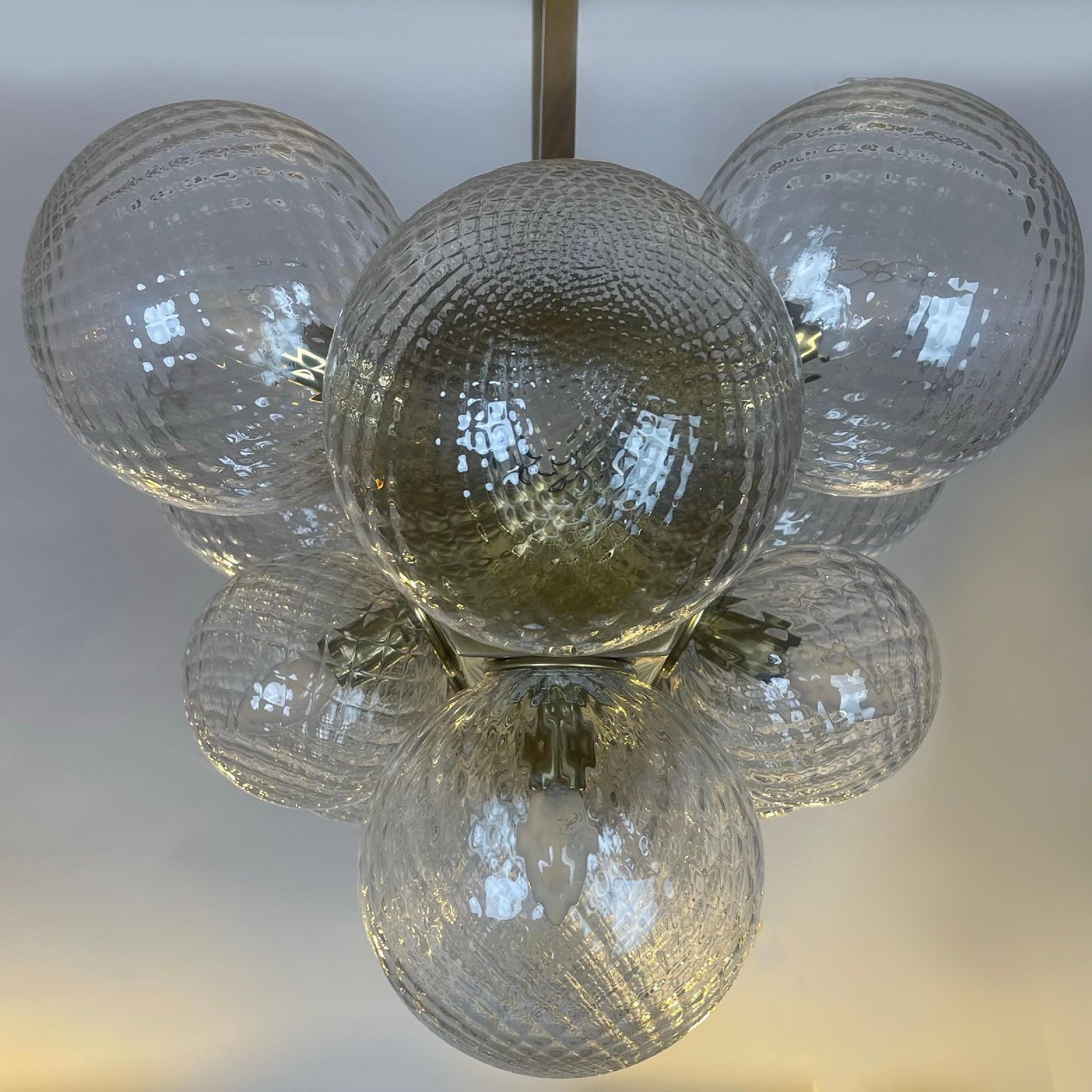 Late20th Century Italian Brass W/ Transparent Murano Art Glass Boules Chandelier photo buy