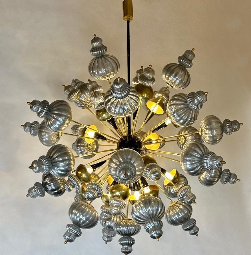 Late 20th Century Silver Blown Murano Glass Elements & Brass Sputnik Chandelier photo furniture